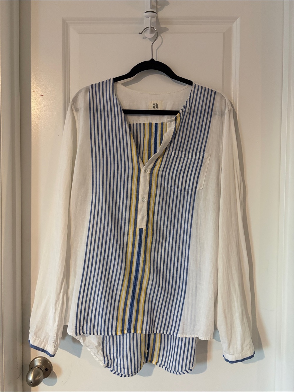 ISH Blue & Yellow Striped Split-V Tunic Top